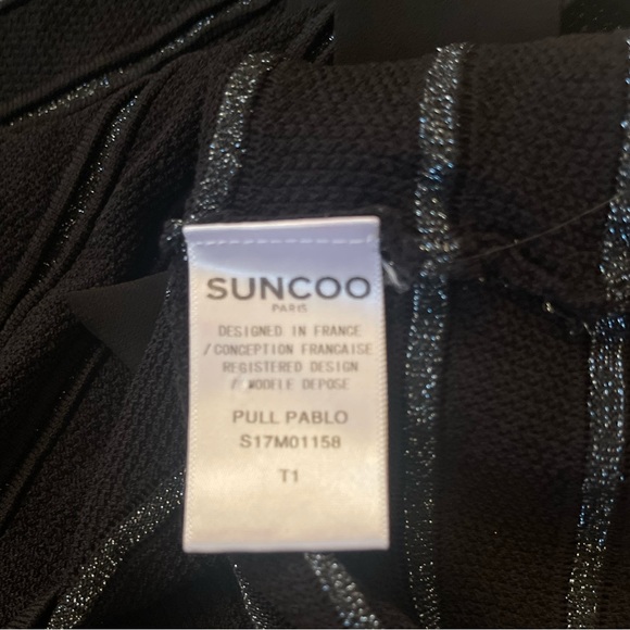 SUNCOO Paris Cropped Blouse Black and Silver Striped Eyelet Top Sz T1 = Sz Small - Picture 9 of 11